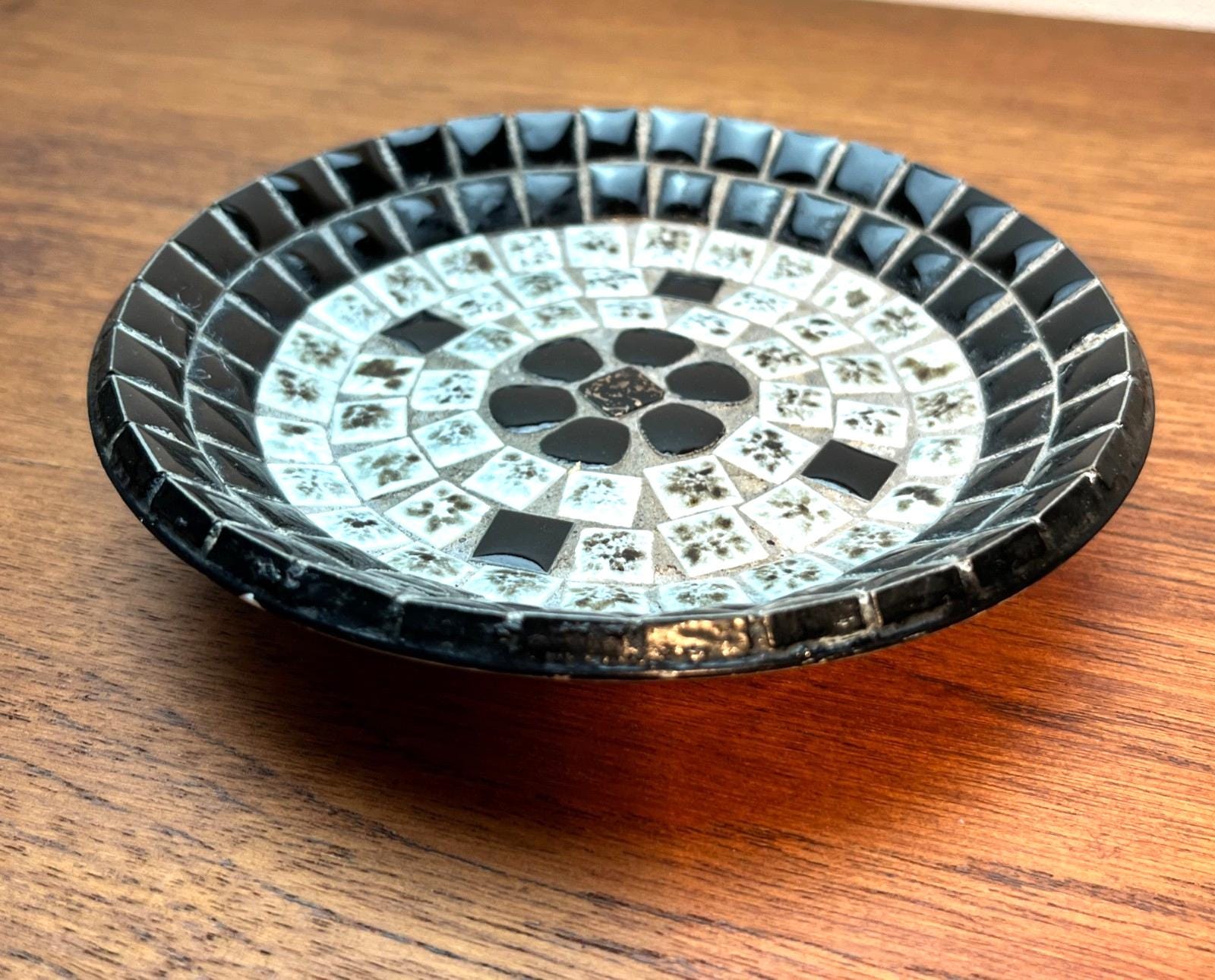 Vintage USSR Mosaic Tile Dish Black & White Circular Geometric Mid Century
