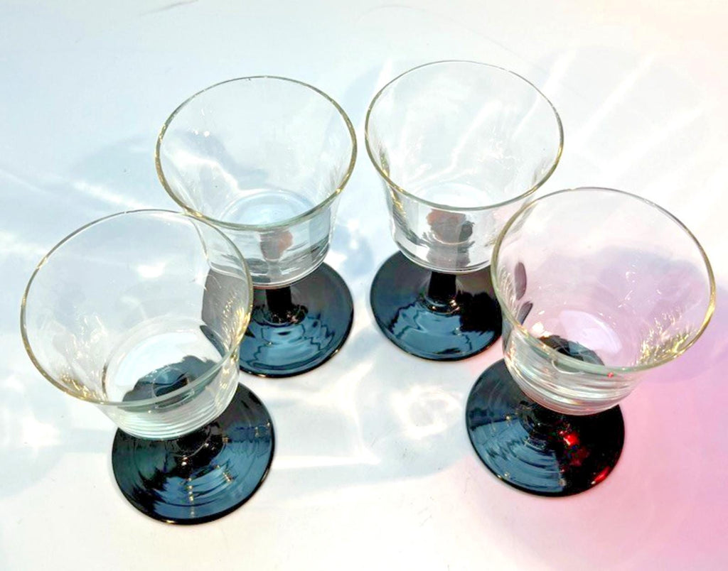 Set of 4 Vintage Stemmed Glasses. Liquor Glasses with Black Glass Stems