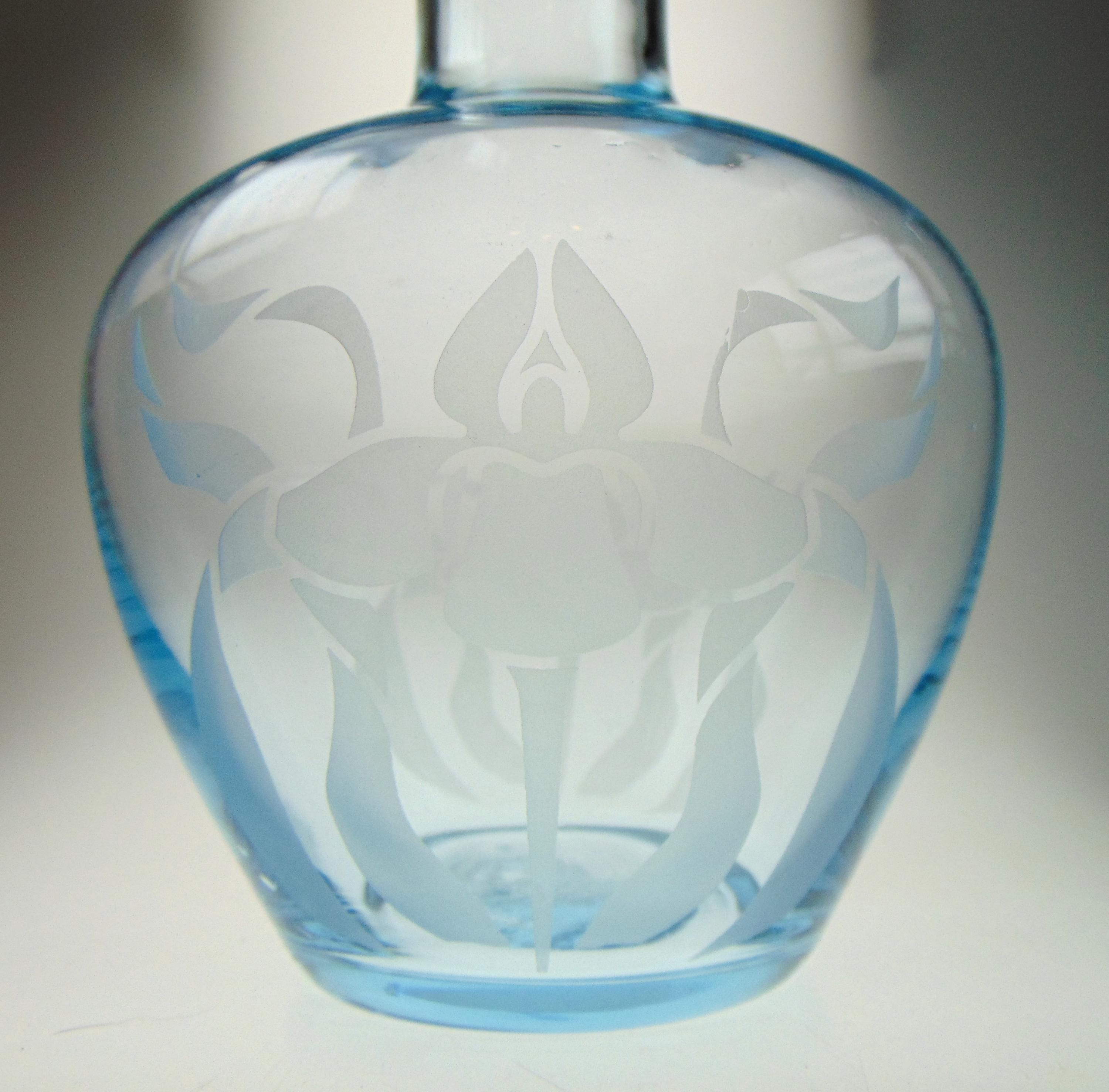 Vintage Ice Blue Glass Flower Vase: Acid Etched Floral Motif