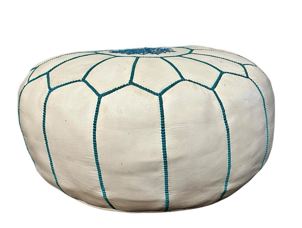 White leather moroccan pouffe 55×35 cm ottoman with turquoise stitching