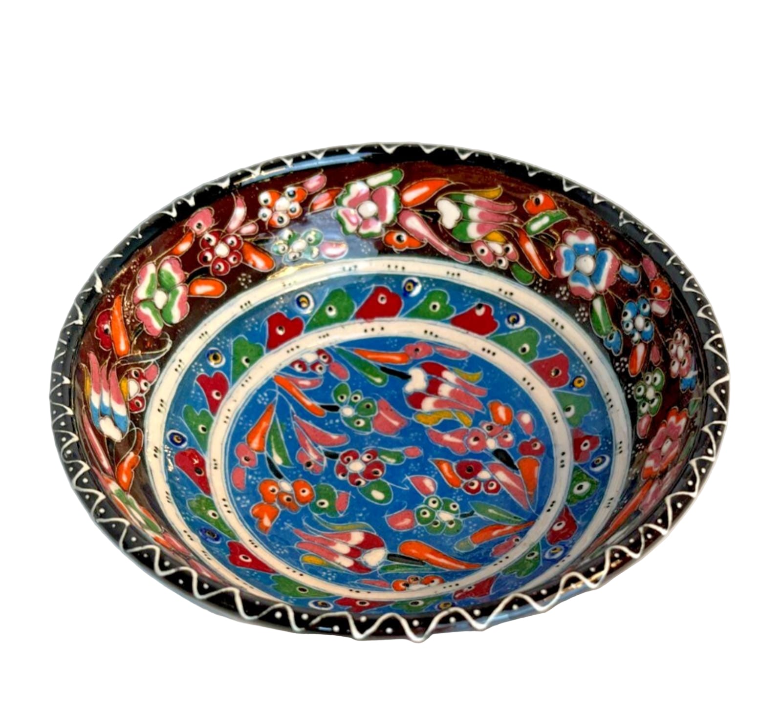 Vintage Turkish Hand Painted Floral Ceramic Pottery Bowl Trinket Dish W16cm H6cm