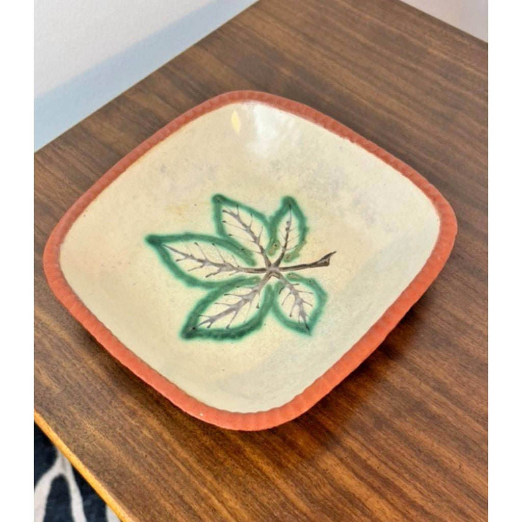 Crosskeys Pottery Square Bowl Mid Century Leaf Dish Jan Zoe Ellison Terracotta