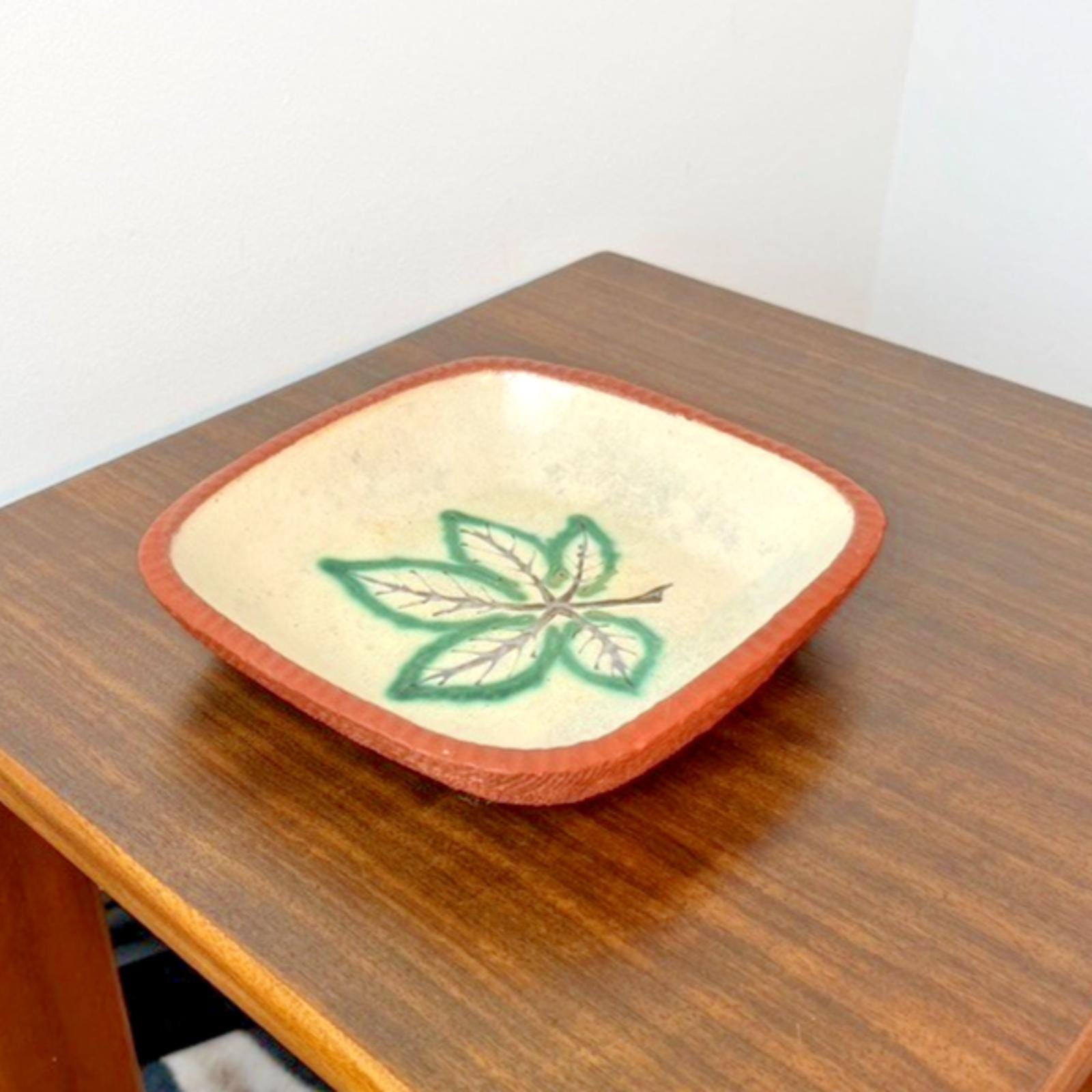 Crosskeys Pottery Square Bowl Mid Century Leaf Dish Jan Zoe Ellison Terracotta