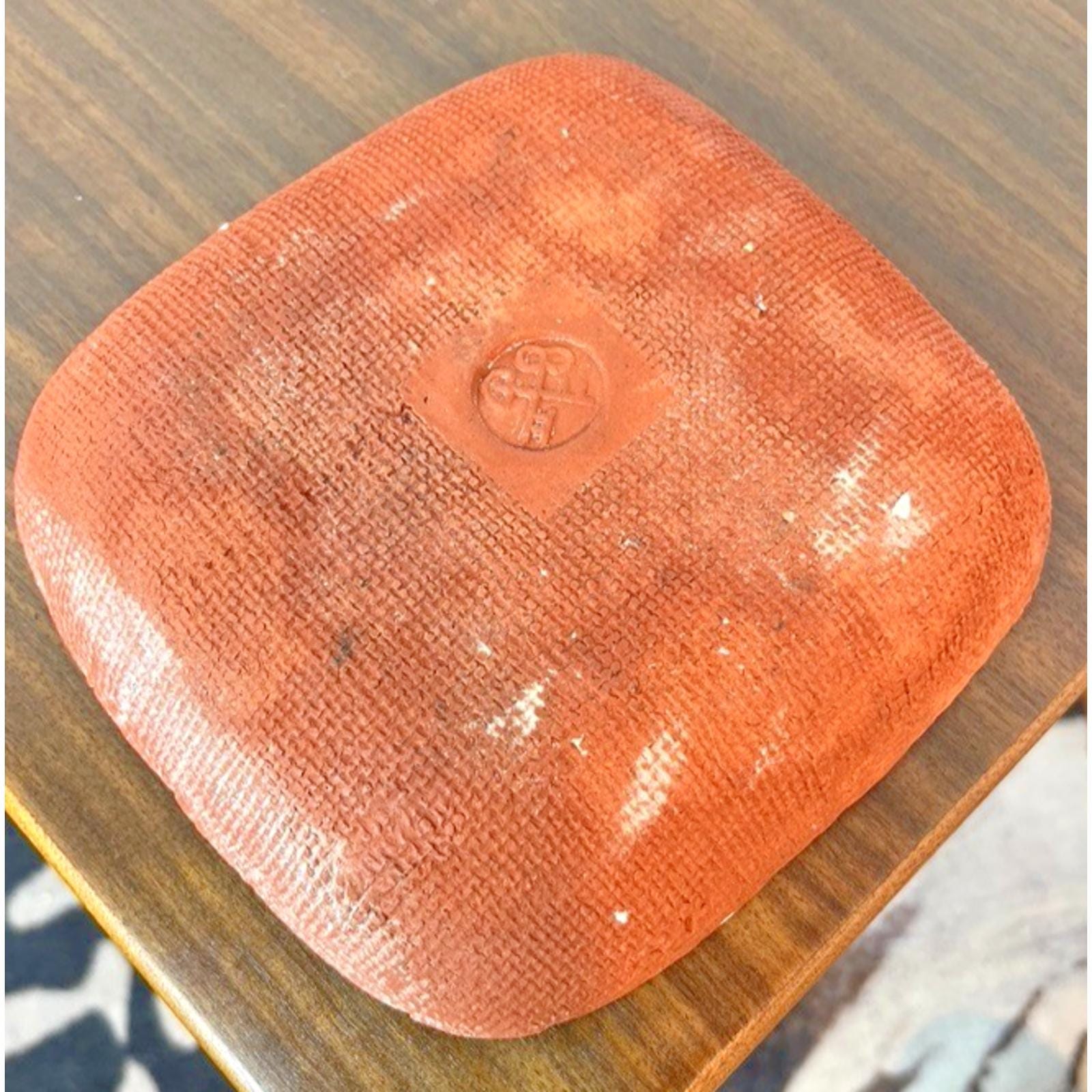 Crosskeys Pottery Square Bowl Mid Century Leaf Dish Jan Zoe Ellison Terracotta