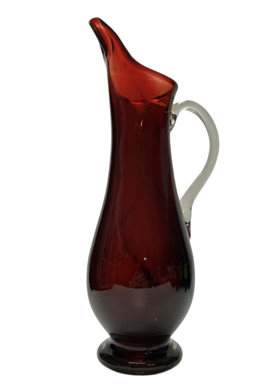 Mid Century Ruby Red Glass Water Jug 41cm – Hand Blown Pitcher on Clear Base