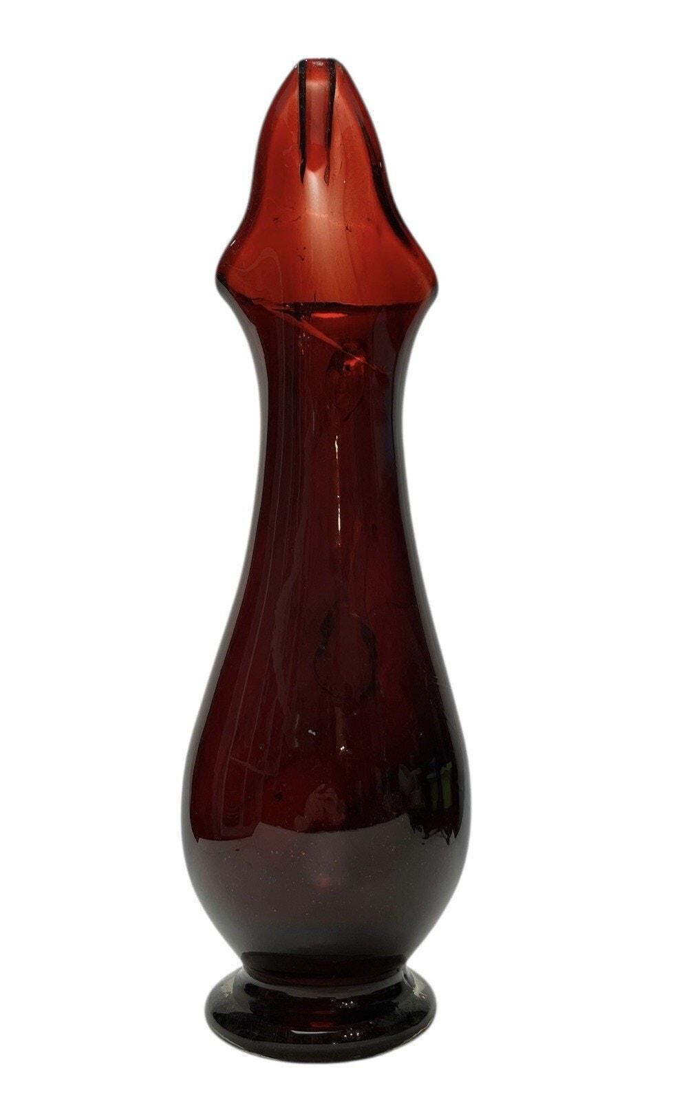 Mid Century Ruby Red Glass Water Jug 41cm – Hand Blown Pitcher on Clear Base
