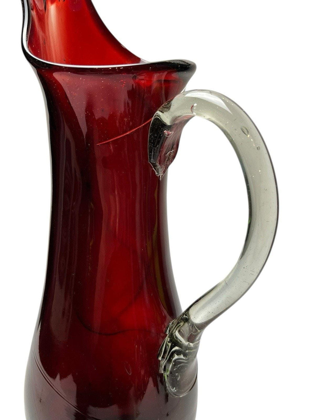 Mid Century Ruby Red Glass Water Jug 41cm – Hand Blown Pitcher on Clear Base