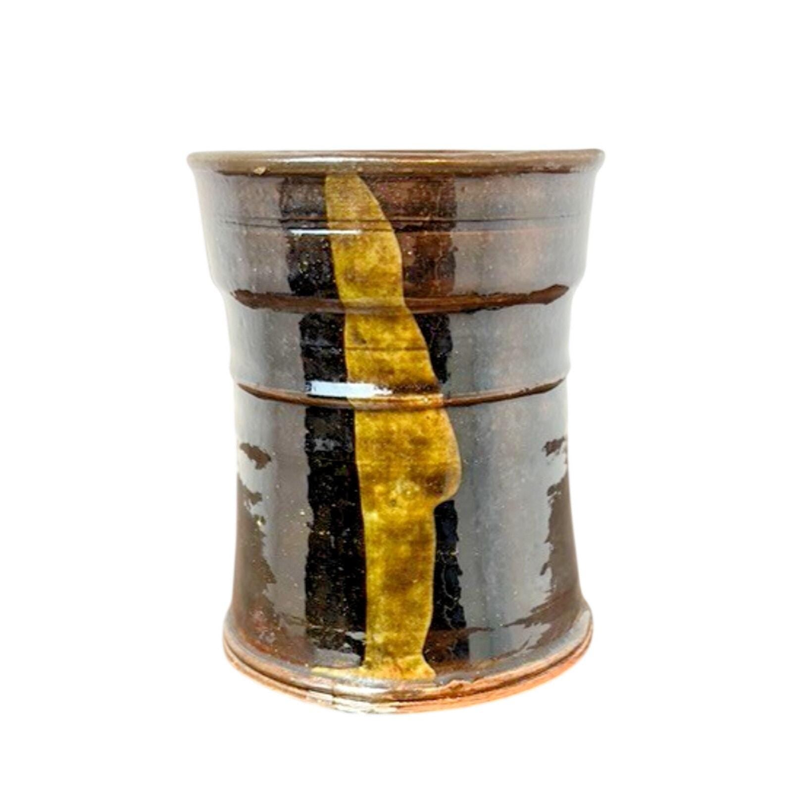 Signed Studio Pottery Vase Gloss Brown Olive Enamel Ceramic Vintage 1986