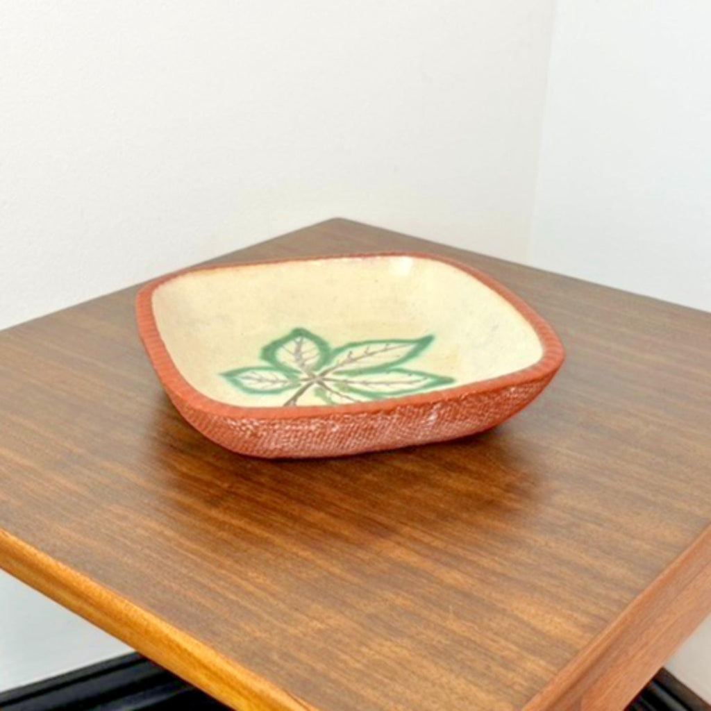 Crosskeys Pottery Square Bowl Mid Century Leaf Dish Jan Zoe Ellison Terracotta