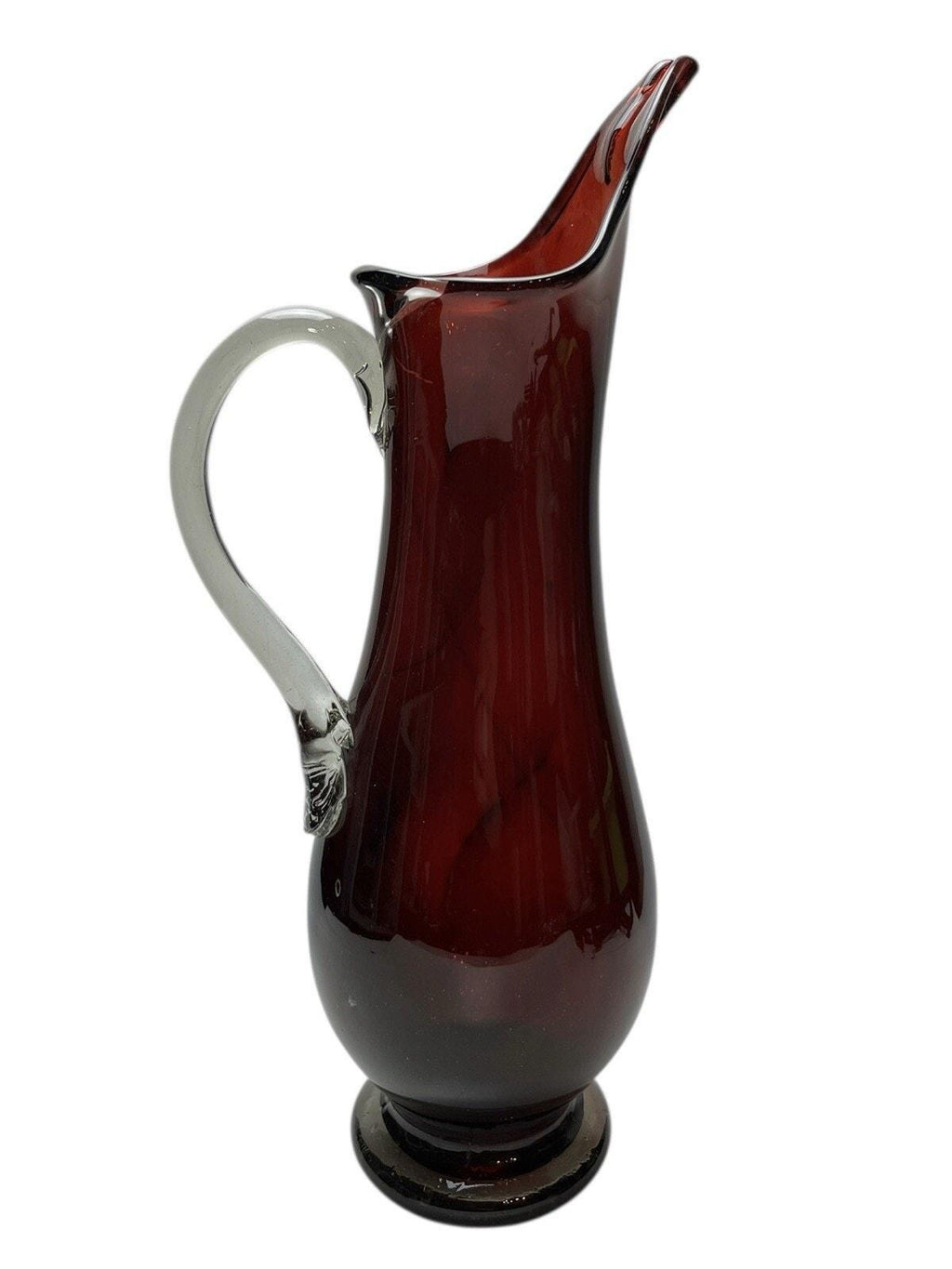 Mid Century Ruby Red Glass Water Jug 41cm – Hand Blown Pitcher on Clear Base
