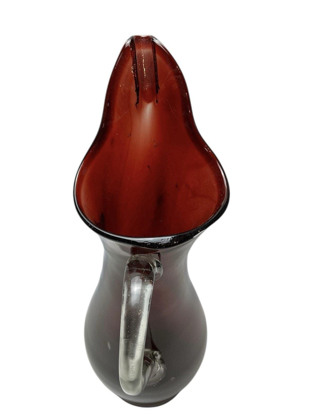 Mid Century Ruby Red Glass Water Jug 41cm – Hand Blown Pitcher on Clear Base
