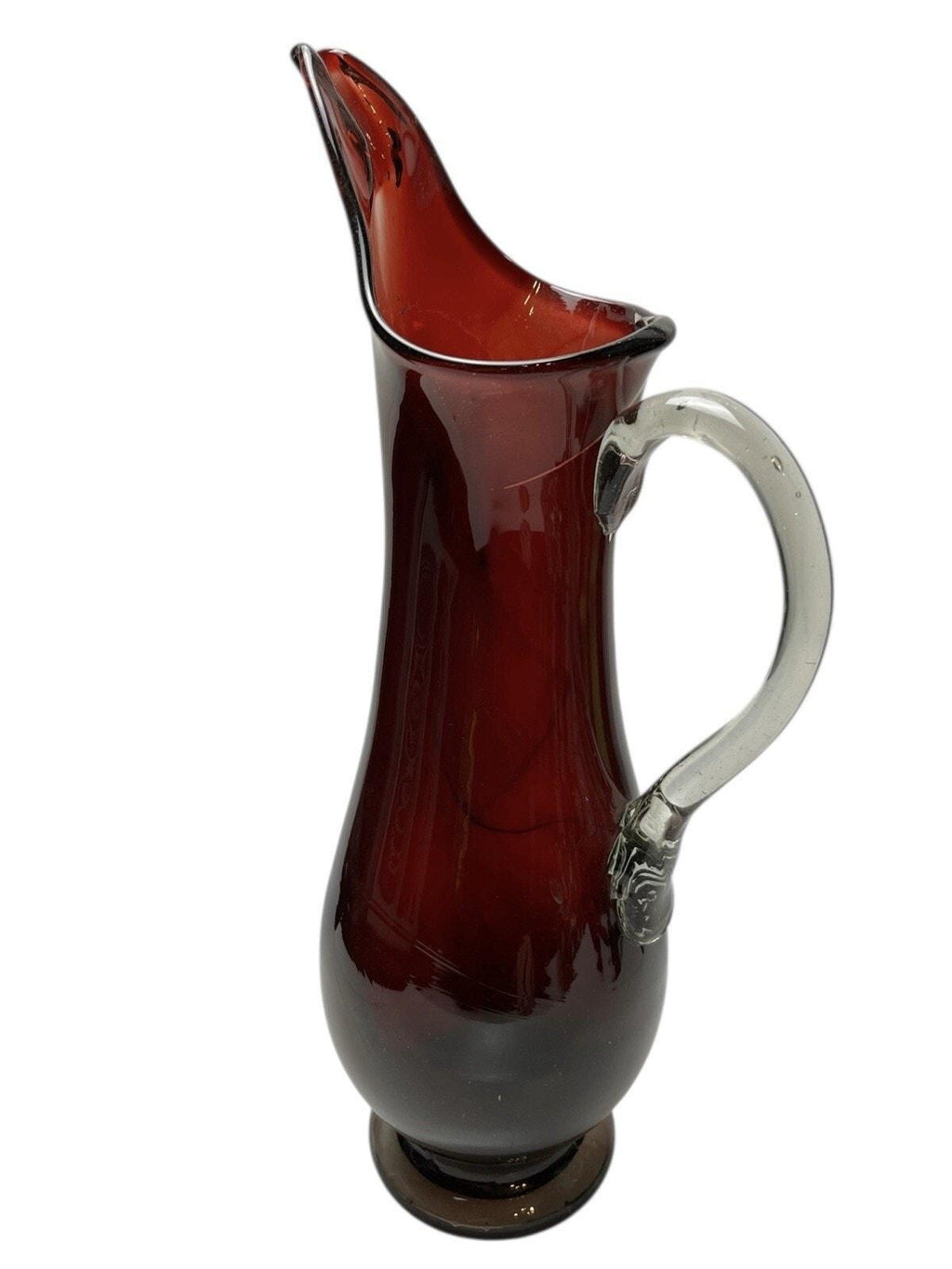 Mid Century Ruby Red Glass Water Jug 41cm – Hand Blown Pitcher on Clear Base