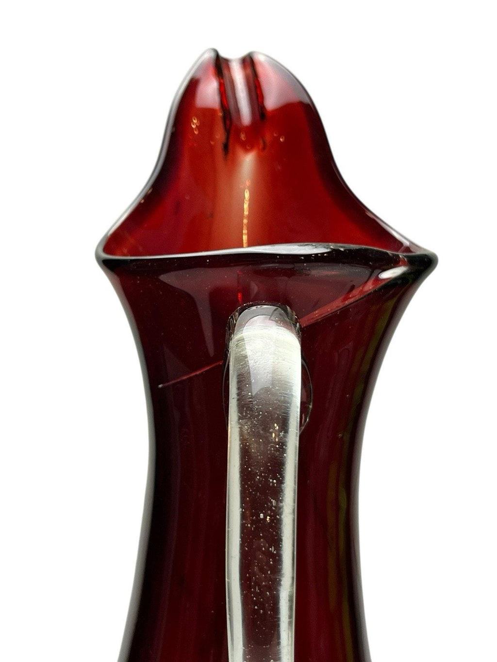 Mid Century Ruby Red Glass Water Jug 41cm – Hand Blown Pitcher on Clear Base