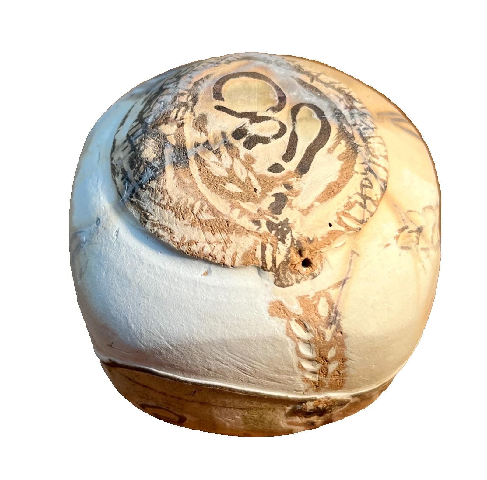 Raku Studio Pottery Cube Sculpture Bird Motif Smoke Fired Art Pot 10cm
