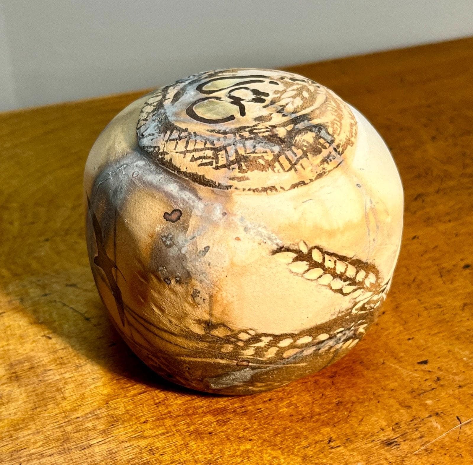 Raku Studio Pottery Cube Sculpture Bird Motif Smoke Fired Art Pot 10cm