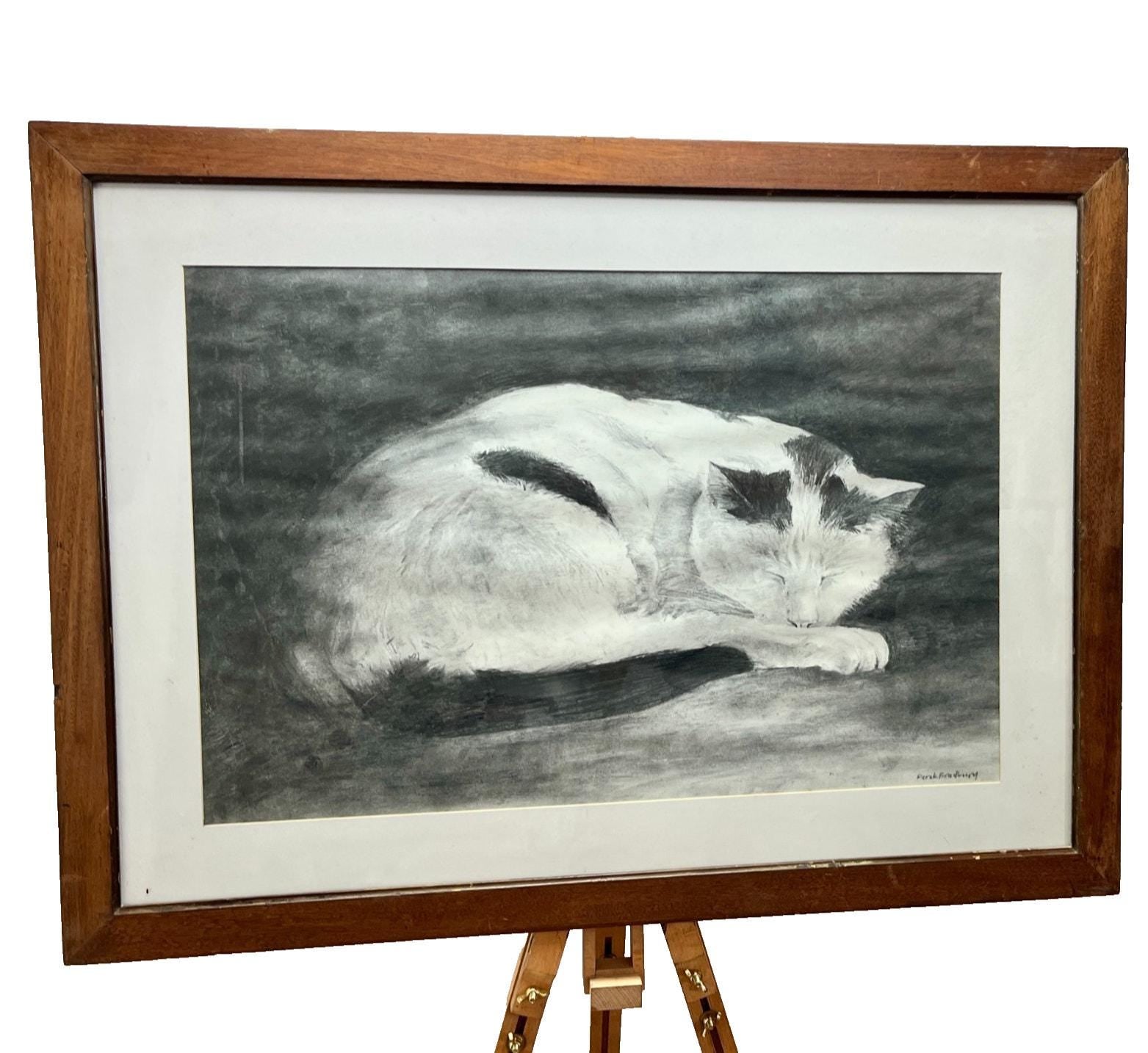 Original Charcoal Drawing: Sleeping Cat by Derek Bradbury, Signed Art (Framed Optional)