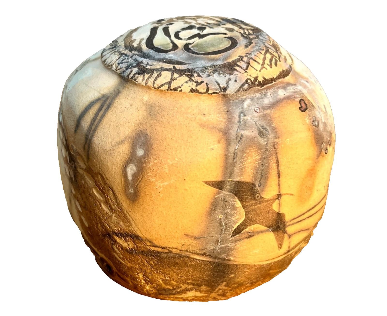 Raku Studio Pottery Cube Sculpture Bird Motif Smoke Fired Art Pot 10cm