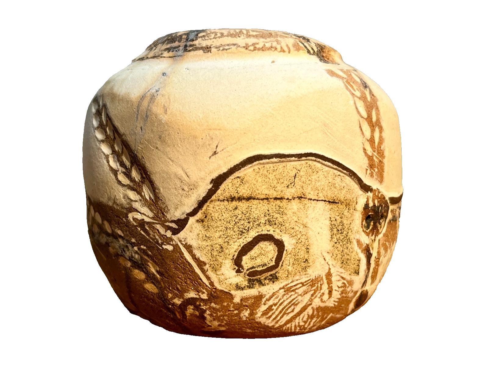 Raku Studio Pottery Cube Sculpture Bird Motif Smoke Fired Art Pot 10cm