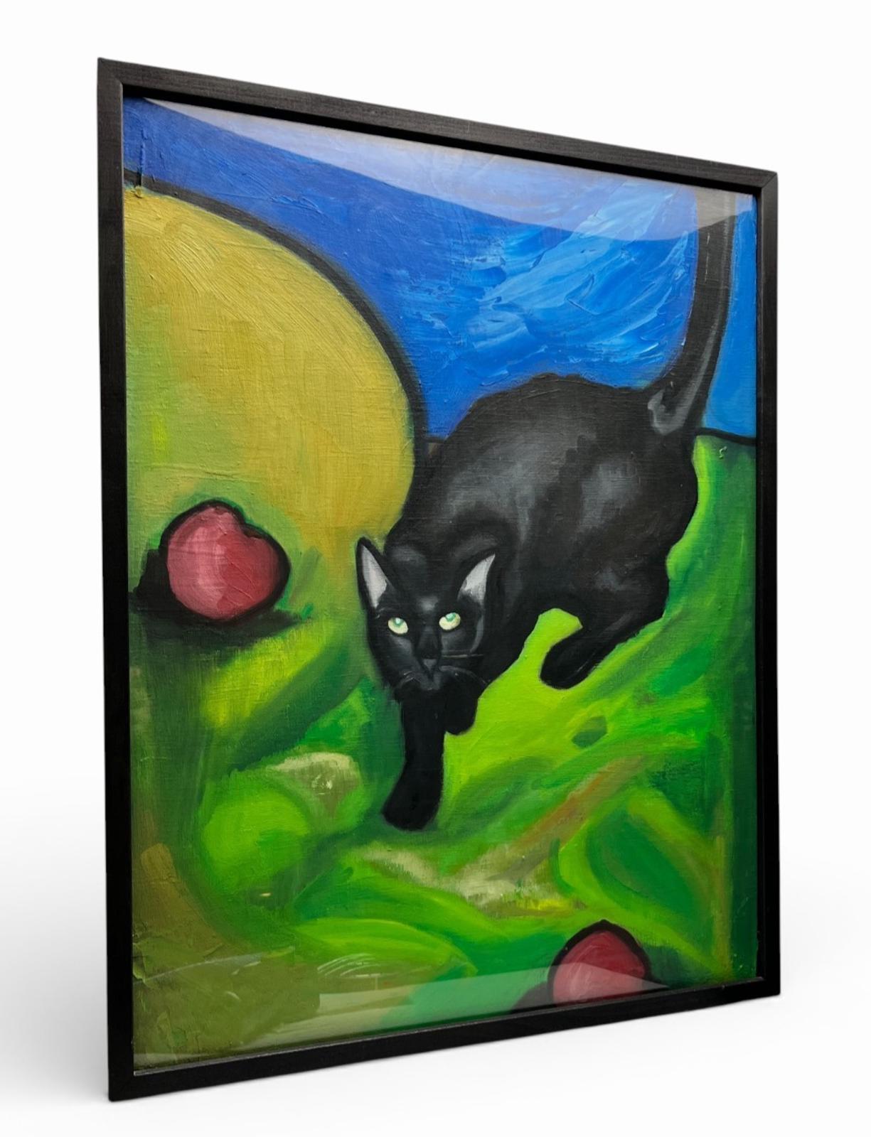 Original Black Cat Acrylic Painting Framed 62x48cm Vintage Art VGC