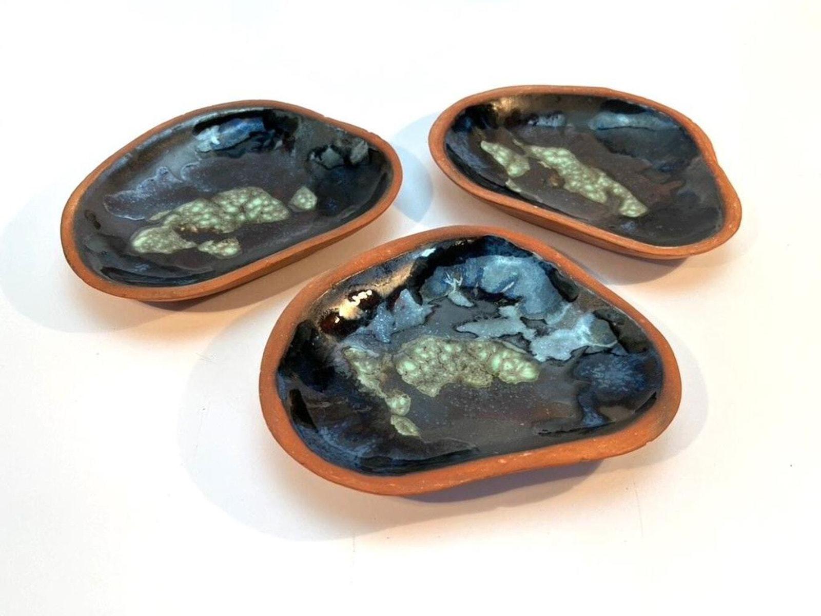 Vintage Handmade Pottery Decorative Dishes – Blue & Green Glaze – Set of 3