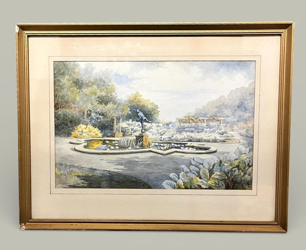 Vintage Watercolour Style Garden Fountain Print Framed or Unframed 45x35cm