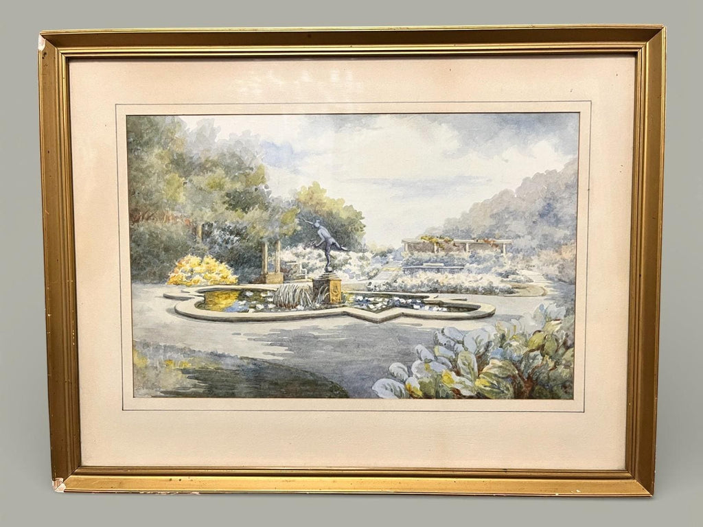 Vintage Watercolour Style Garden Fountain Print Framed or Unframed 45x35cm