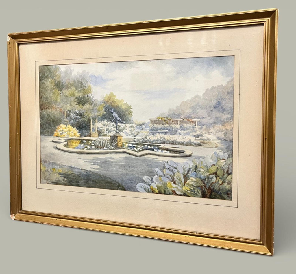 Vintage Watercolour Style Garden Fountain Print Framed or Unframed 45x35cm