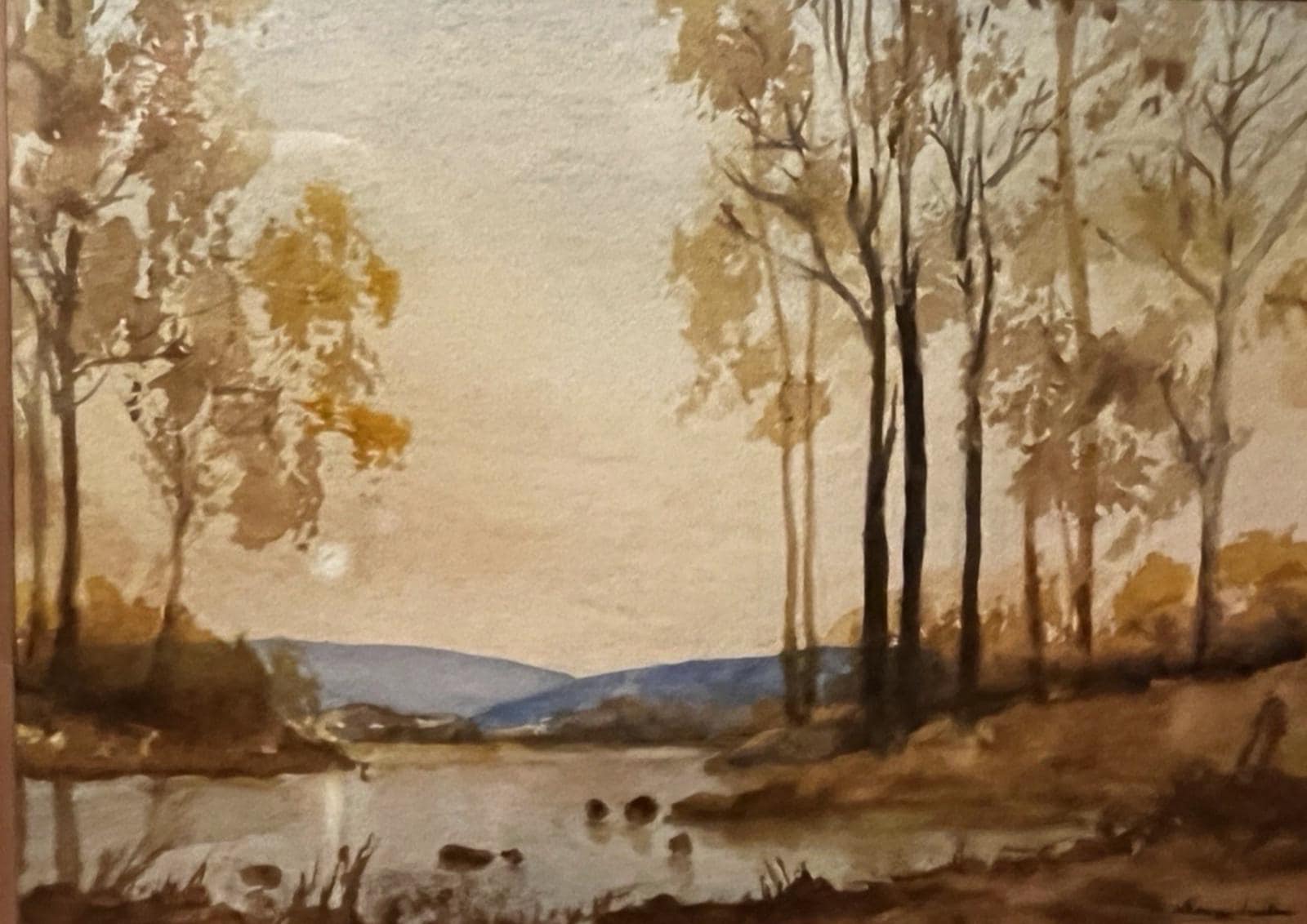 Evening Woodland Lake Watercolour Painting Framed 56x45cm Signed N. Jackson