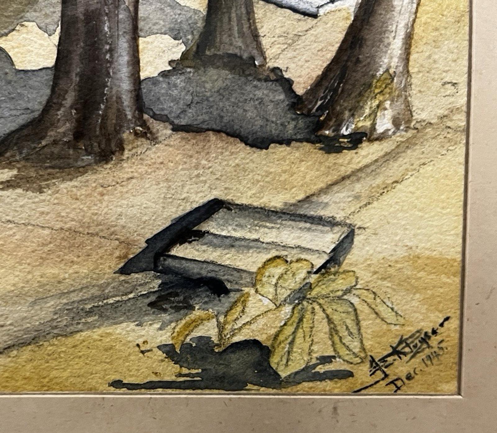 1945 Framed Watercolour Landscape Trees Scene Signed by Artist 40 x 32cm Vintage