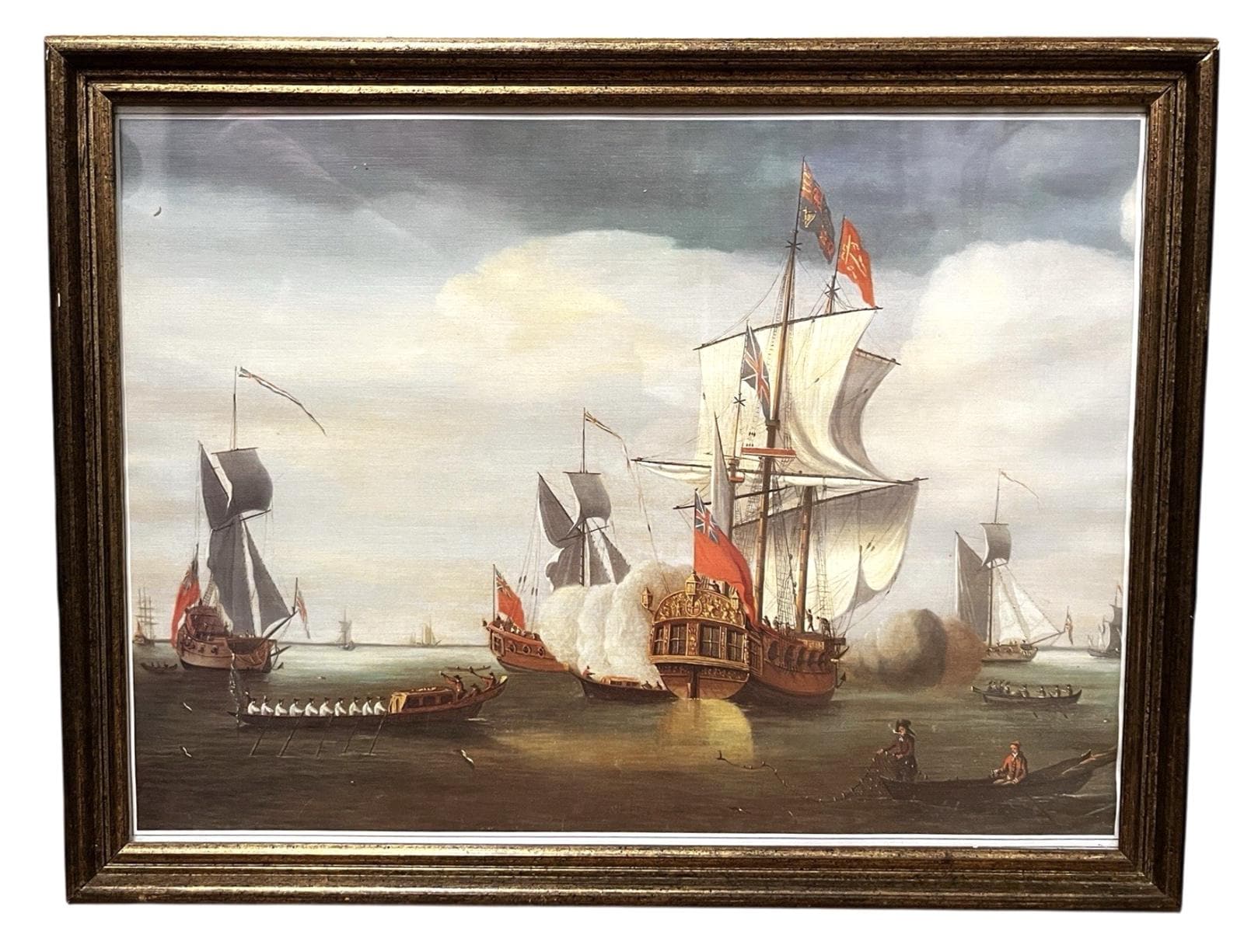 Vintage Maritime Battle Scene Print Framed Naval Ships 42x32cm Tall Ships