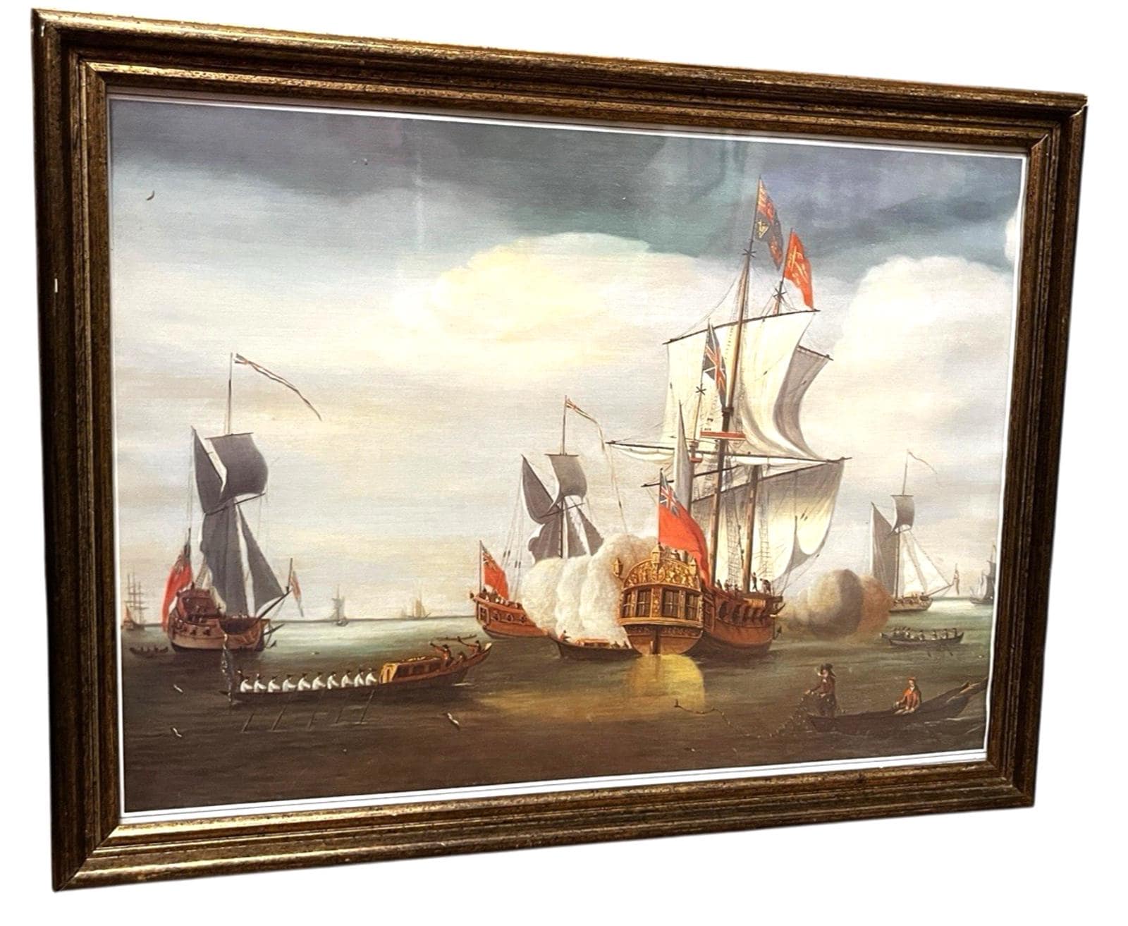 Vintage Maritime Battle Scene Print Framed Naval Ships 42x32cm Tall Ships