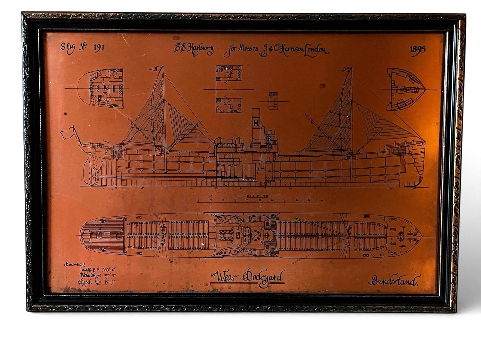 Antique Copper Engraving Ship Plan “S.S. Harbury” Wear Dockyard 1895