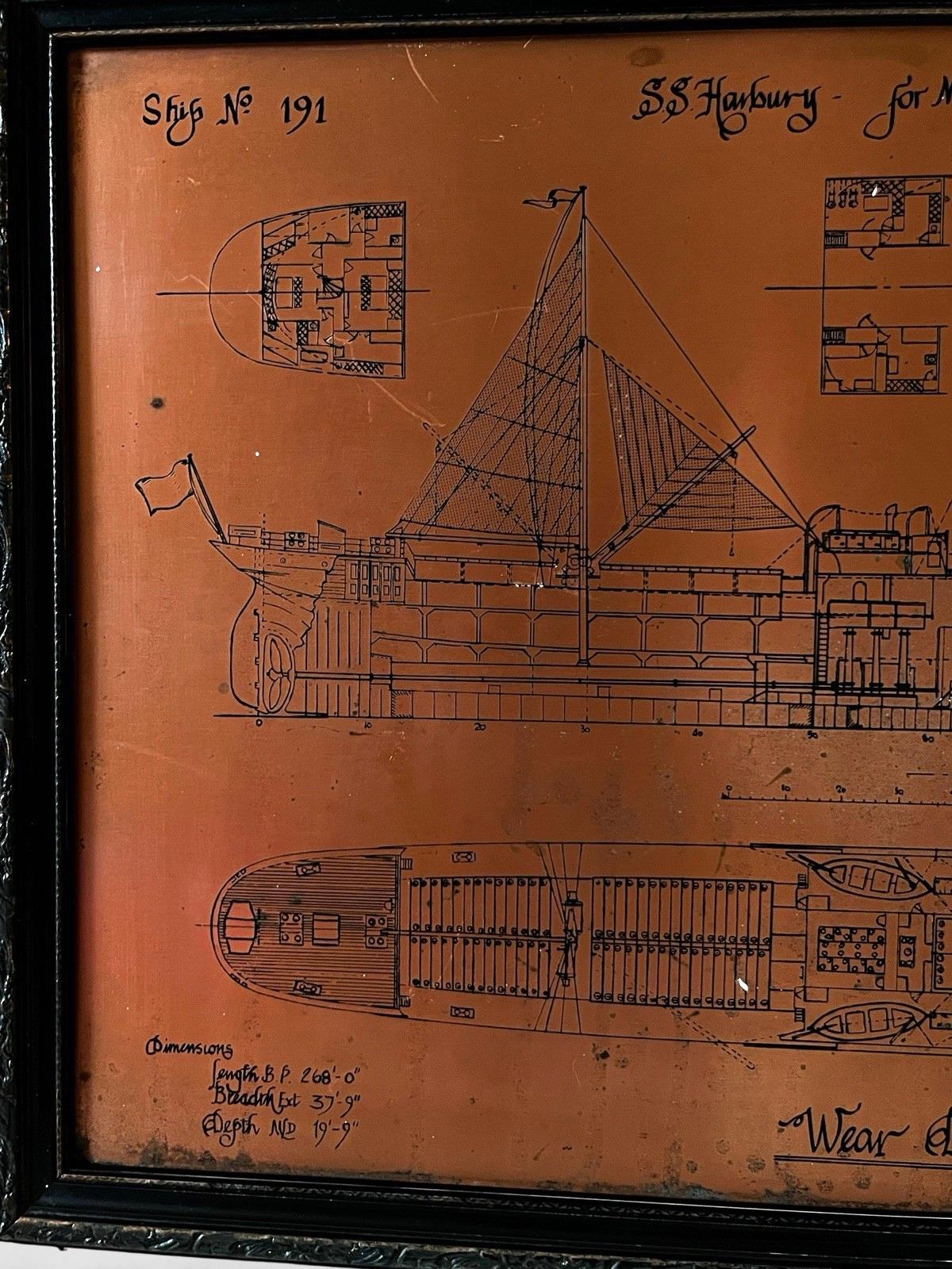 Antique Copper Engraving Ship Plan “S.S. Harbury” Wear Dockyard 1895