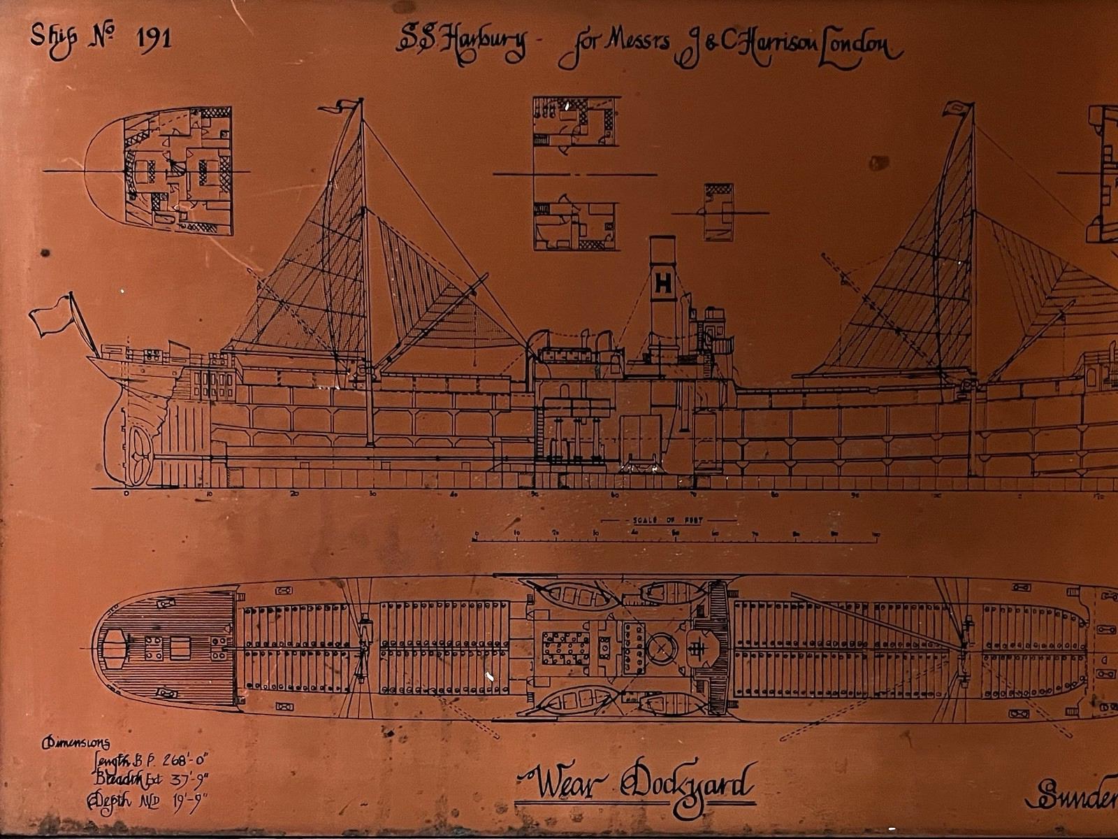 Antique Copper Engraving Ship Plan “S.S. Harbury” Wear Dockyard 1895