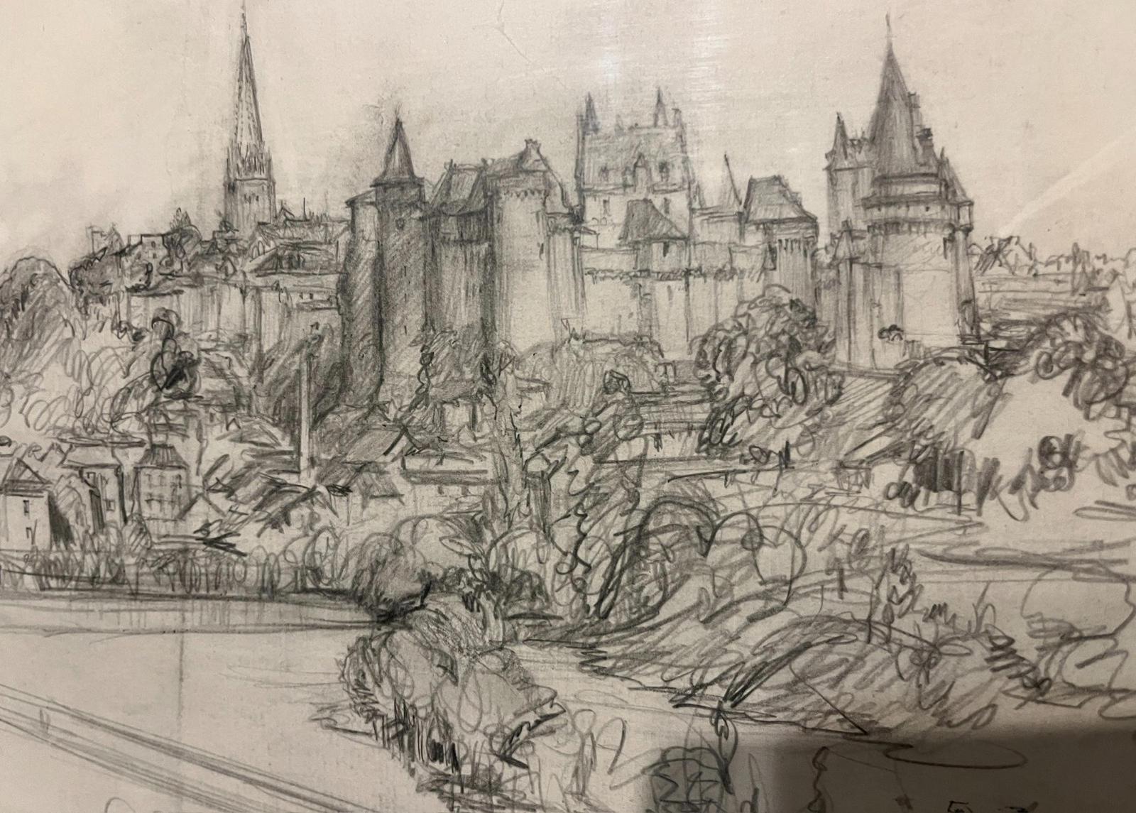 Frank L. Emanuel Original Drawing Vitré 44x31cm French Town Pencil Sketch