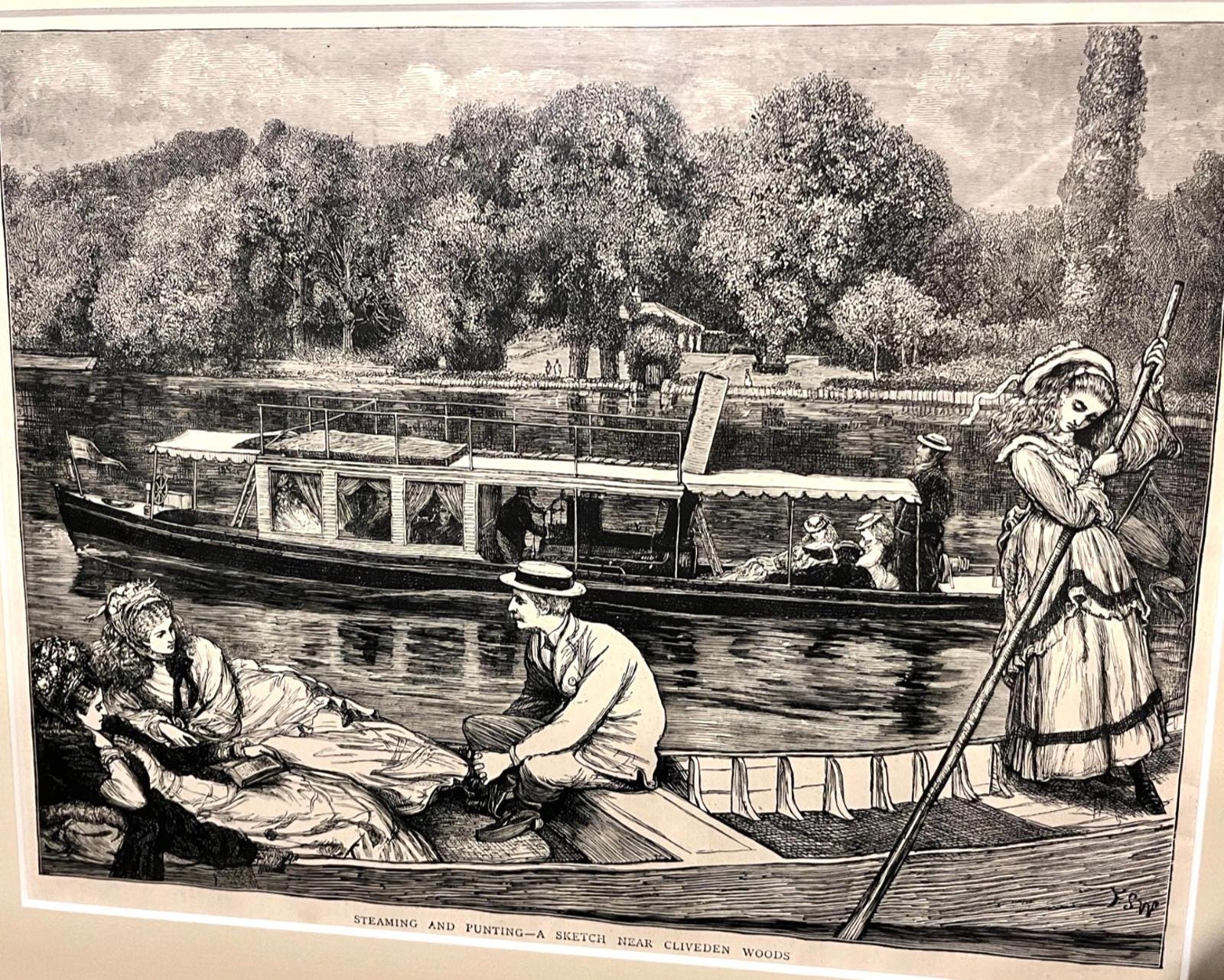 Framed Reproduction Print – Steaming and Punting – A Sketch Near Cliveden Woods