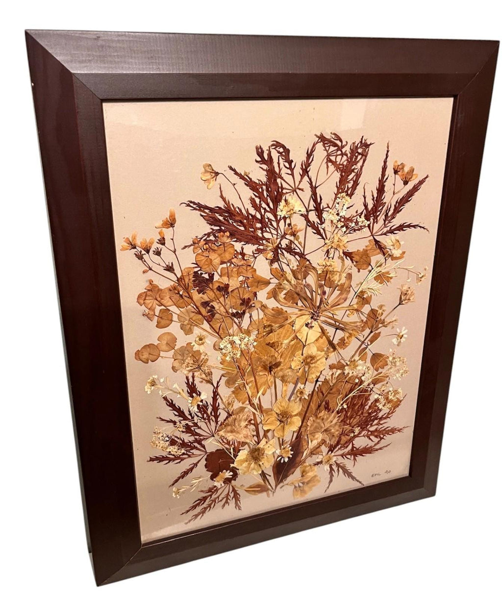 Vintage Pressed Flower Art – Signed EML 1990 – Framed Retro Botanical Art 37x48cm