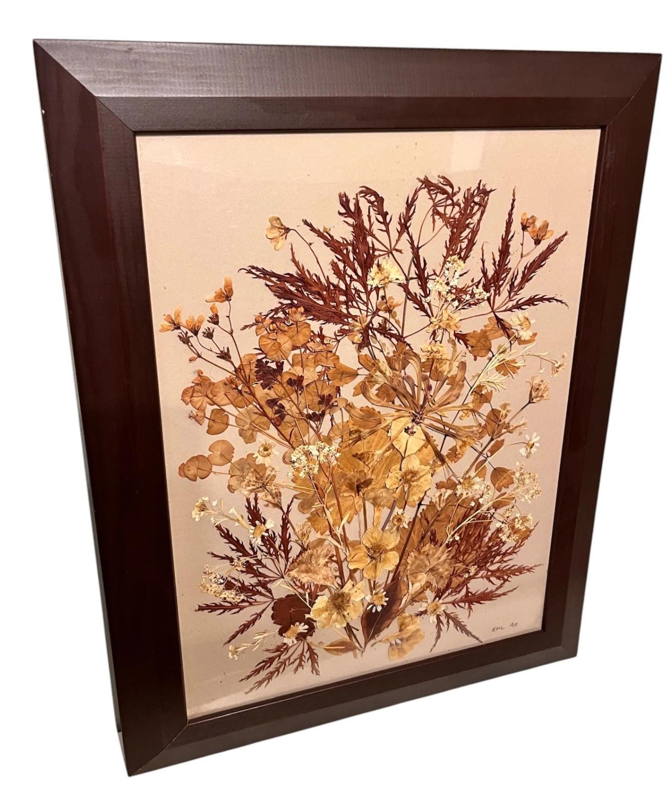 Vintage Pressed Flower Art – Signed EML 1990 – Framed Retro Botanical Art 37x48cm