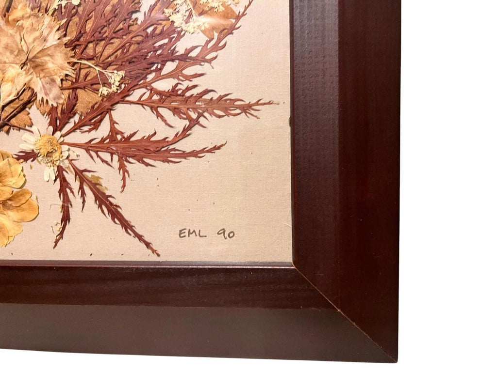 Vintage Pressed Flower Art – Signed EML 1990 – Framed Retro Botanical Art 37x48cm