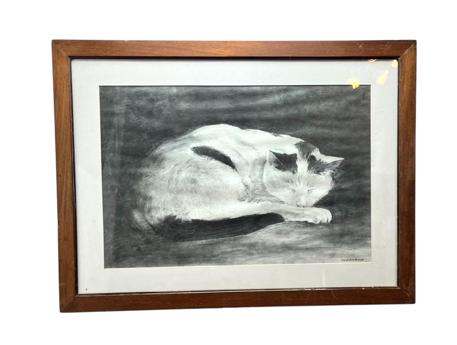 Original Charcoal Drawing: Sleeping Cat by Derek Bradbury, Signed Art (Framed Optional)