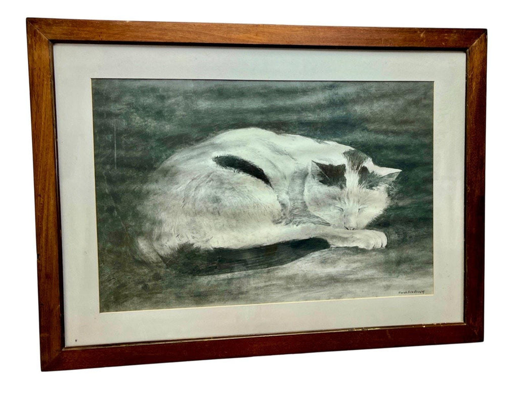 Original Charcoal Drawing: Sleeping Cat by Derek Bradbury, Signed Art (Framed Optional)