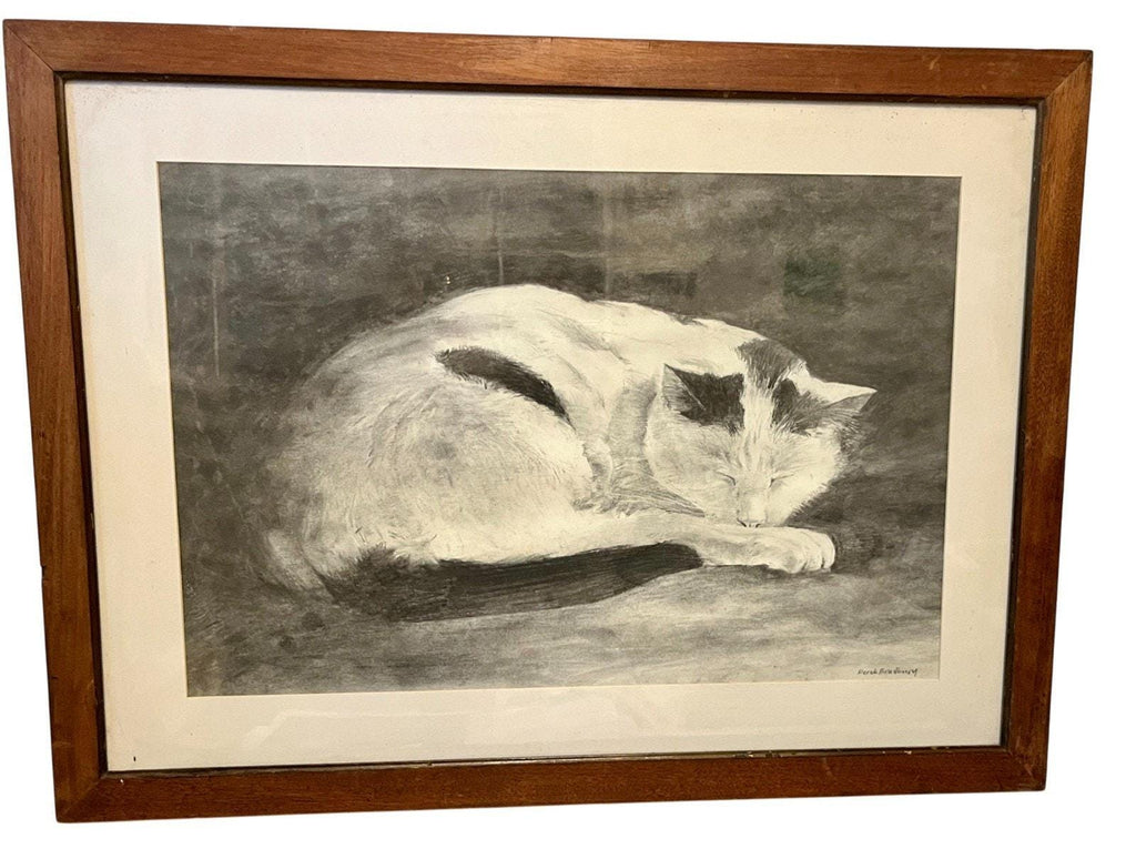 Original Charcoal Drawing: Sleeping Cat by Derek Bradbury, Signed Art (Framed Optional)