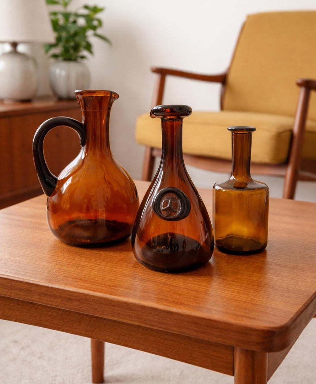 Mid Century Brown Glass Decanters Holmegaard Viking Carafe Vintage Scandinavian Glass