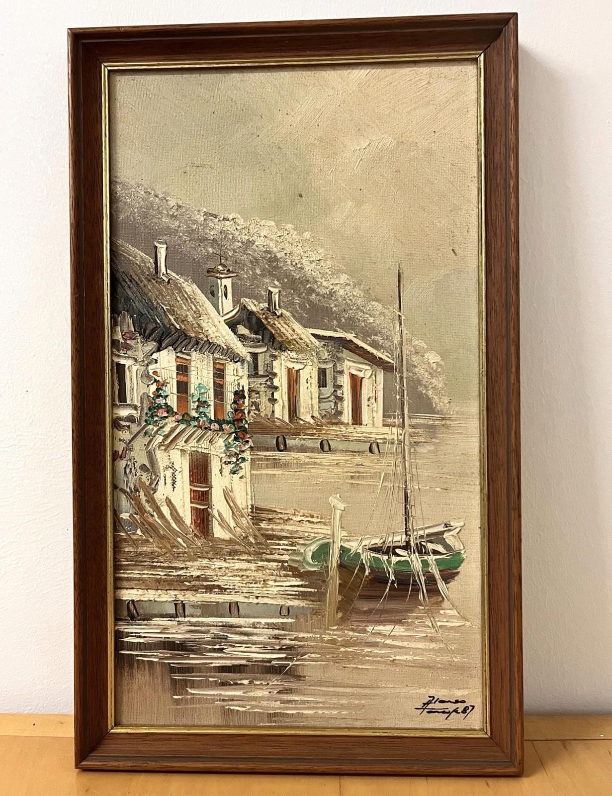 Signed Alonso ’87 Oil Painting Seaside Village Boat Scene Framed 22×36cm