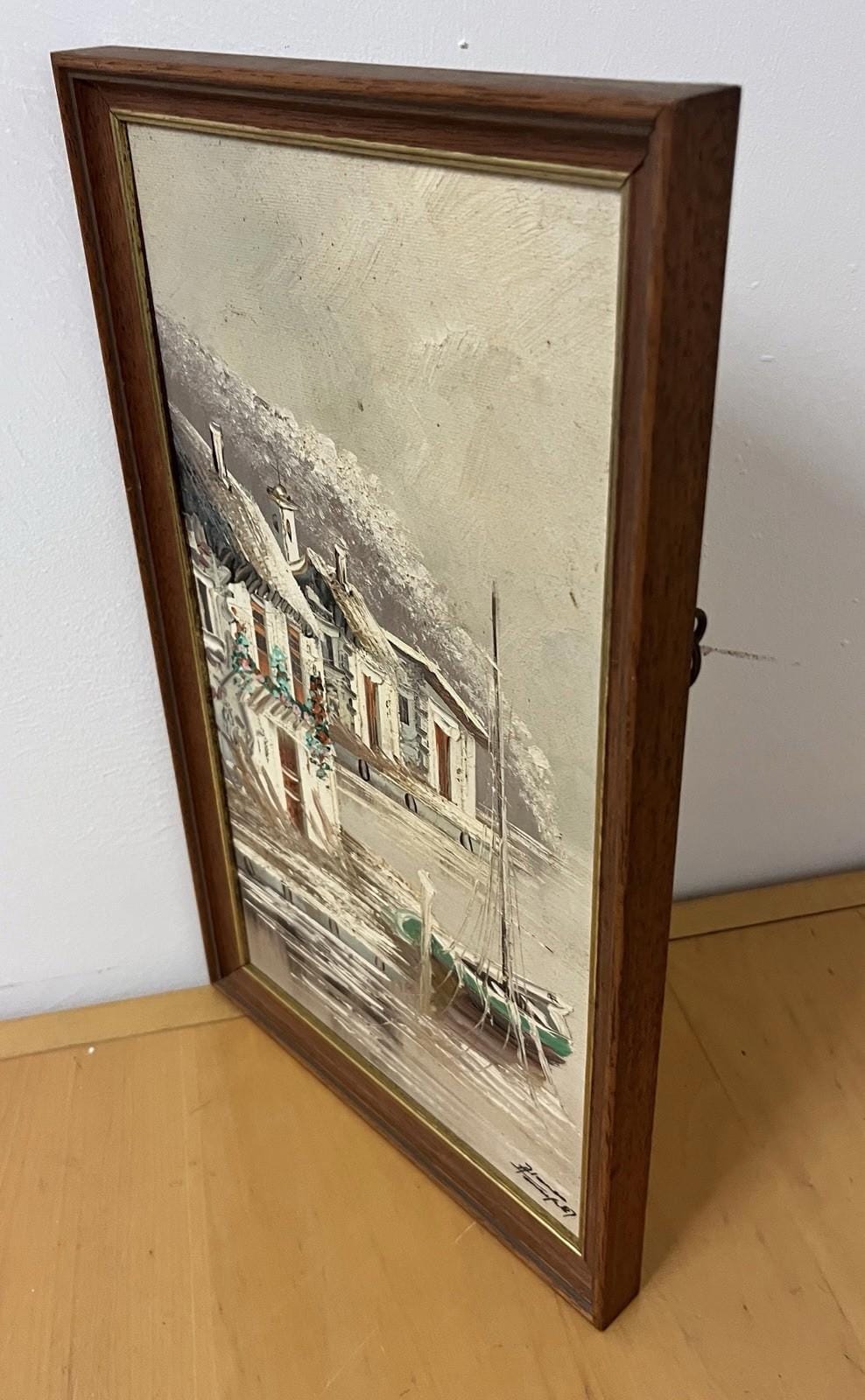 Signed Alonso ’87 Oil Painting Seaside Village Boat Scene Framed 22×36cm