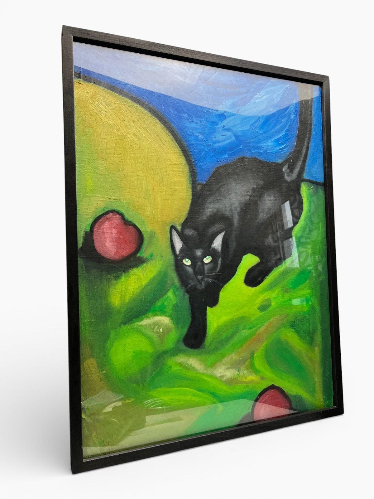Original Black Cat Acrylic Painting Framed 62x48cm Vintage Art VGC