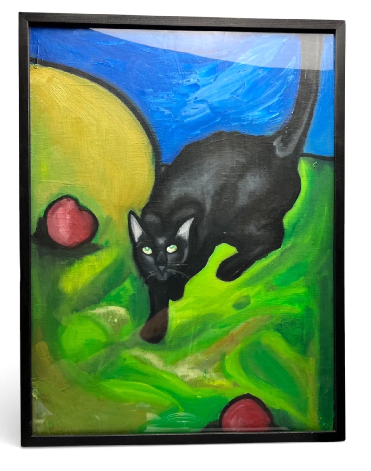 Original Black Cat Acrylic Painting Framed 62x48cm Vintage Art VGC