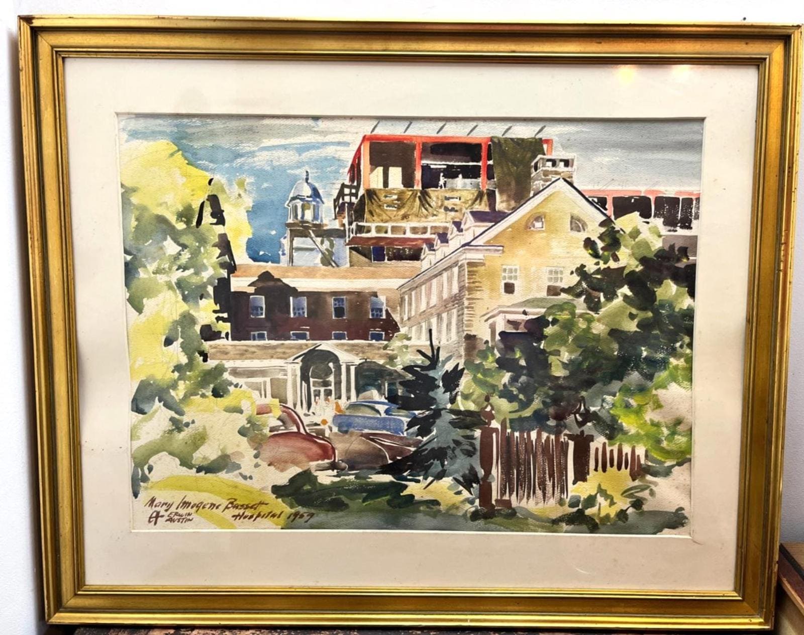 Erwin Austin 1959 Watercolour, Cooperstown Hospital Architectural Art, Mid Century Framed Painting