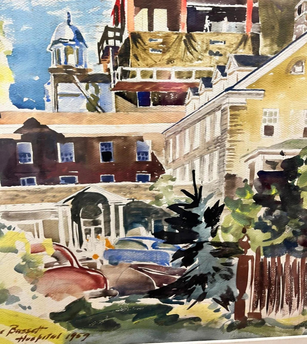 Erwin Austin 1959 Watercolour, Cooperstown Hospital Architectural Art, Mid Century Framed Painting