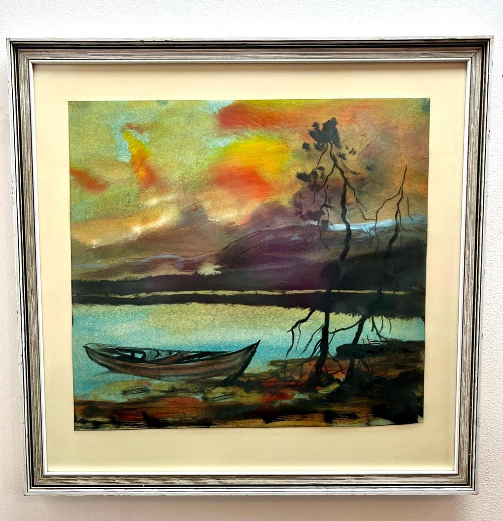 Vintage Watercolour Lake Boat Sunset Landscape Painting, Mid Century Framed Art, Original Nature Scene